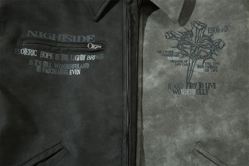 Men’s Cross Print Loose Leather Jacket