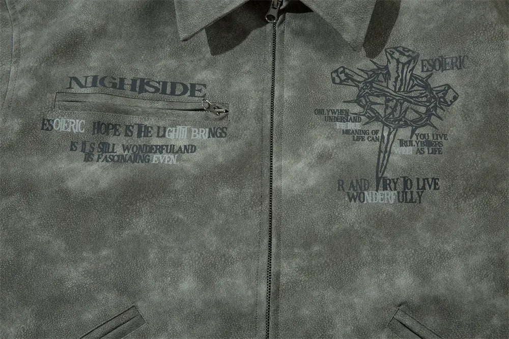 Men’s Cross Print Loose Leather Jacket