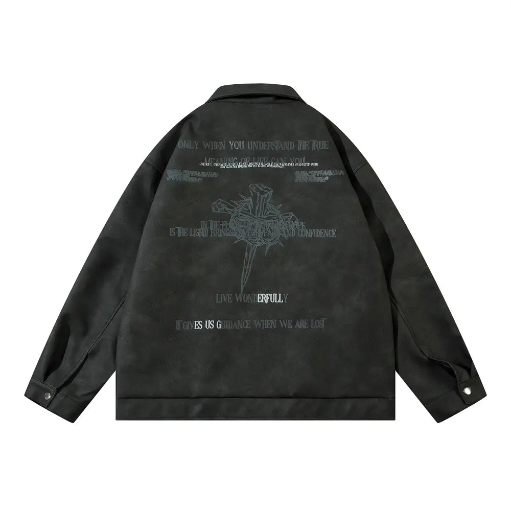 Men’s Cross Print Loose Leather Jacket