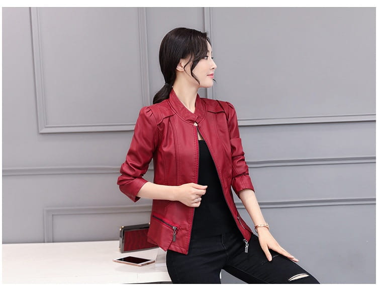 New Spring And Autumn Korean Style Motorcycle Stand-up Collar Slim Fit Slimming Leather Coat