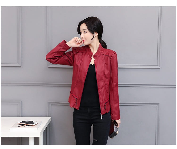 New Spring And Autumn Korean Style Motorcycle Stand-up Collar Slim Fit Slimming Leather Coat