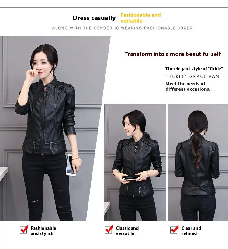 New Spring And Autumn Korean Style Motorcycle Stand-up Collar Slim Fit Slimming Leather Coat