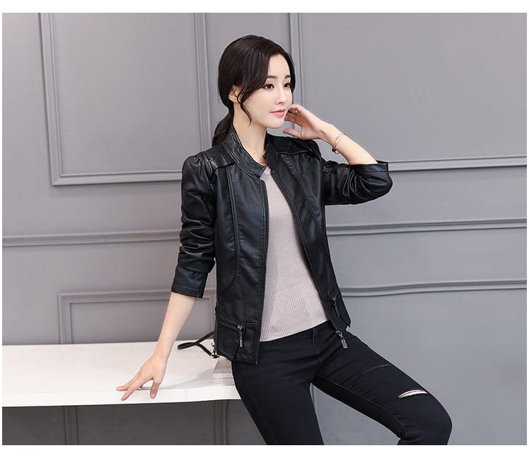 New Spring And Autumn Korean Style Motorcycle Stand-up Collar Slim Fit Slimming Leather Coat