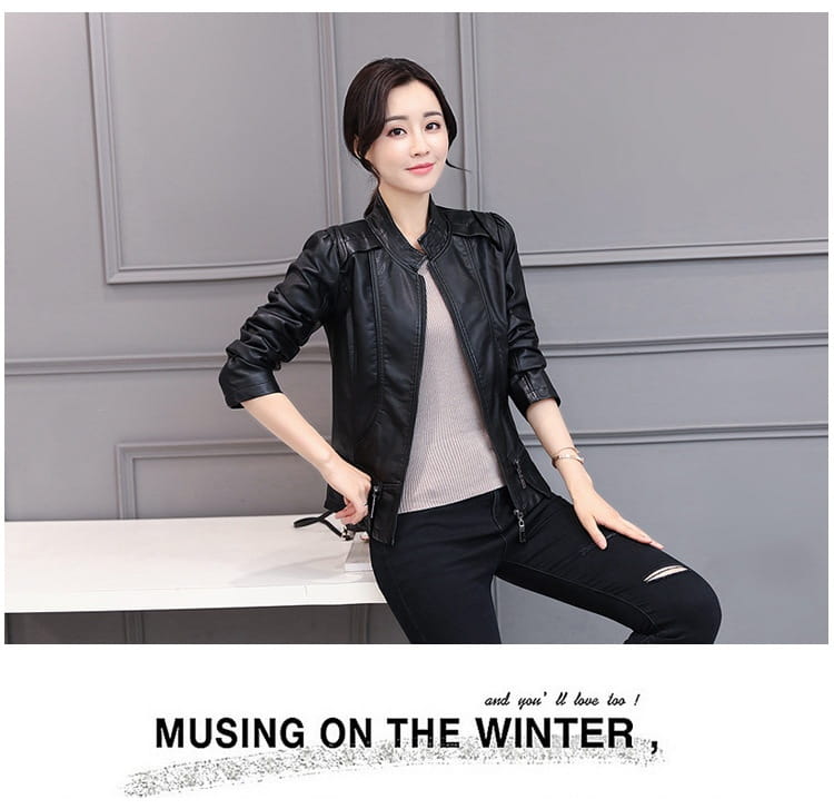 New Spring And Autumn Korean Style Motorcycle Stand-up Collar Slim Fit Slimming Leather Coat