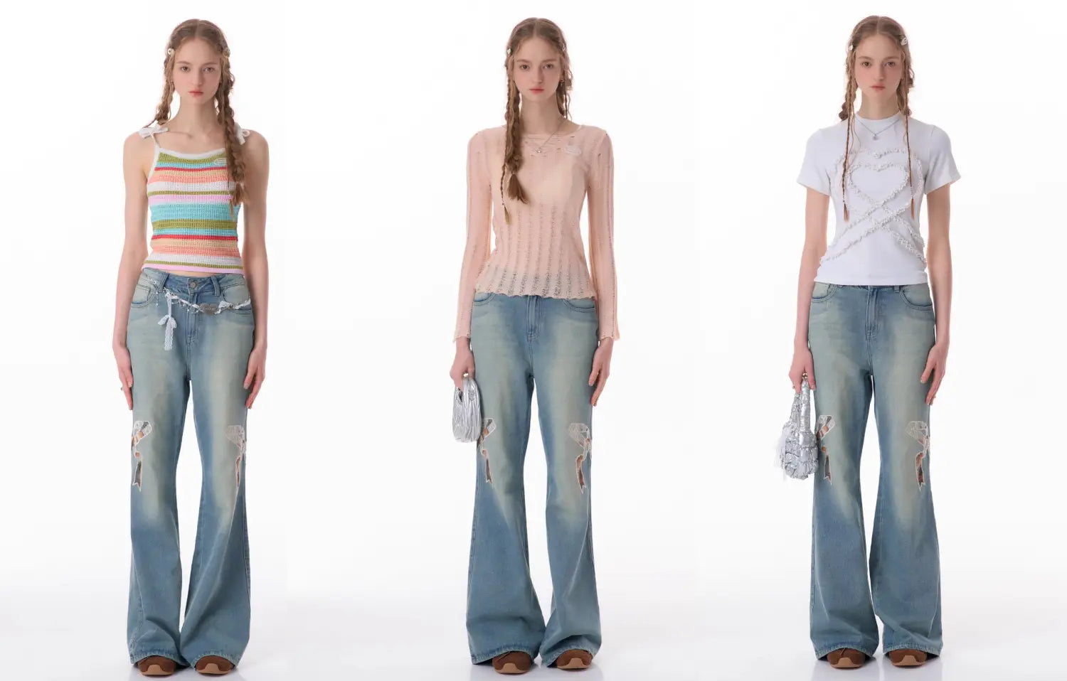 High Waist Bow Patch Wide Leg Straight Jeans