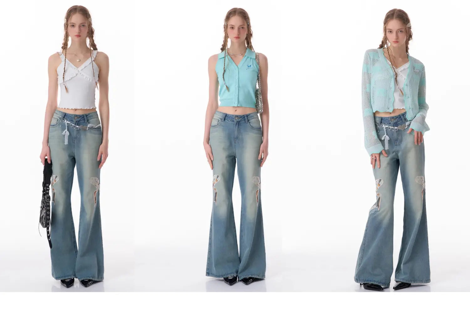 High Waist Bow Patch Wide Leg Straight Jeans