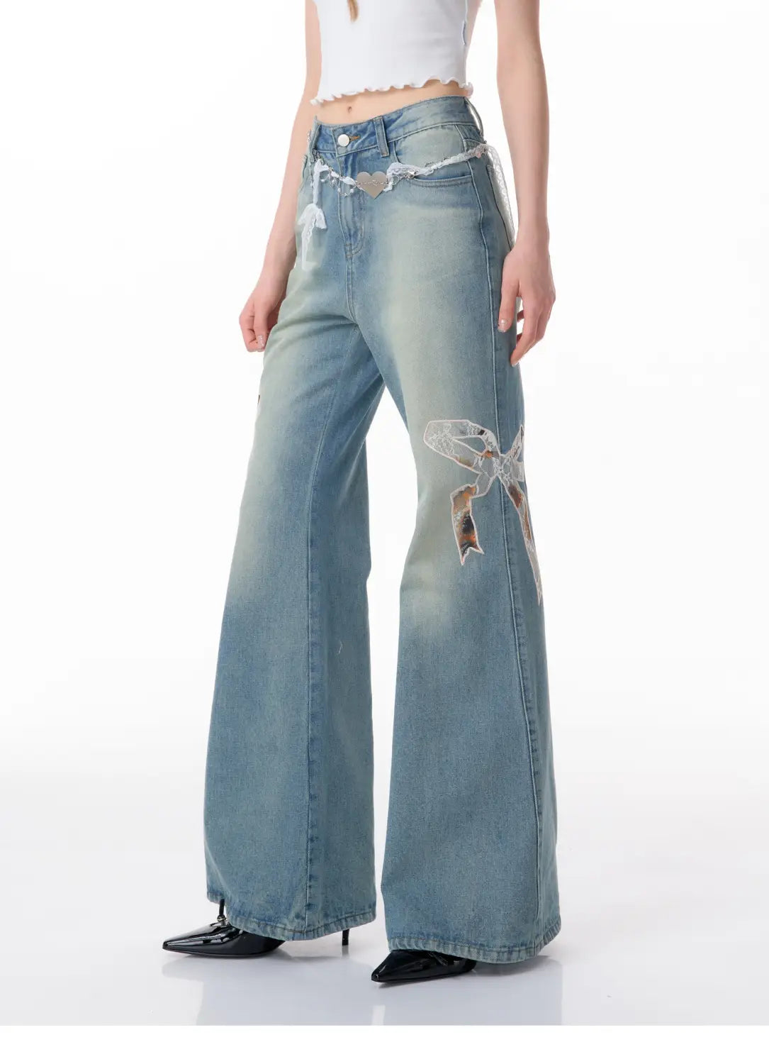 High Waist Bow Patch Wide Leg Straight Jeans