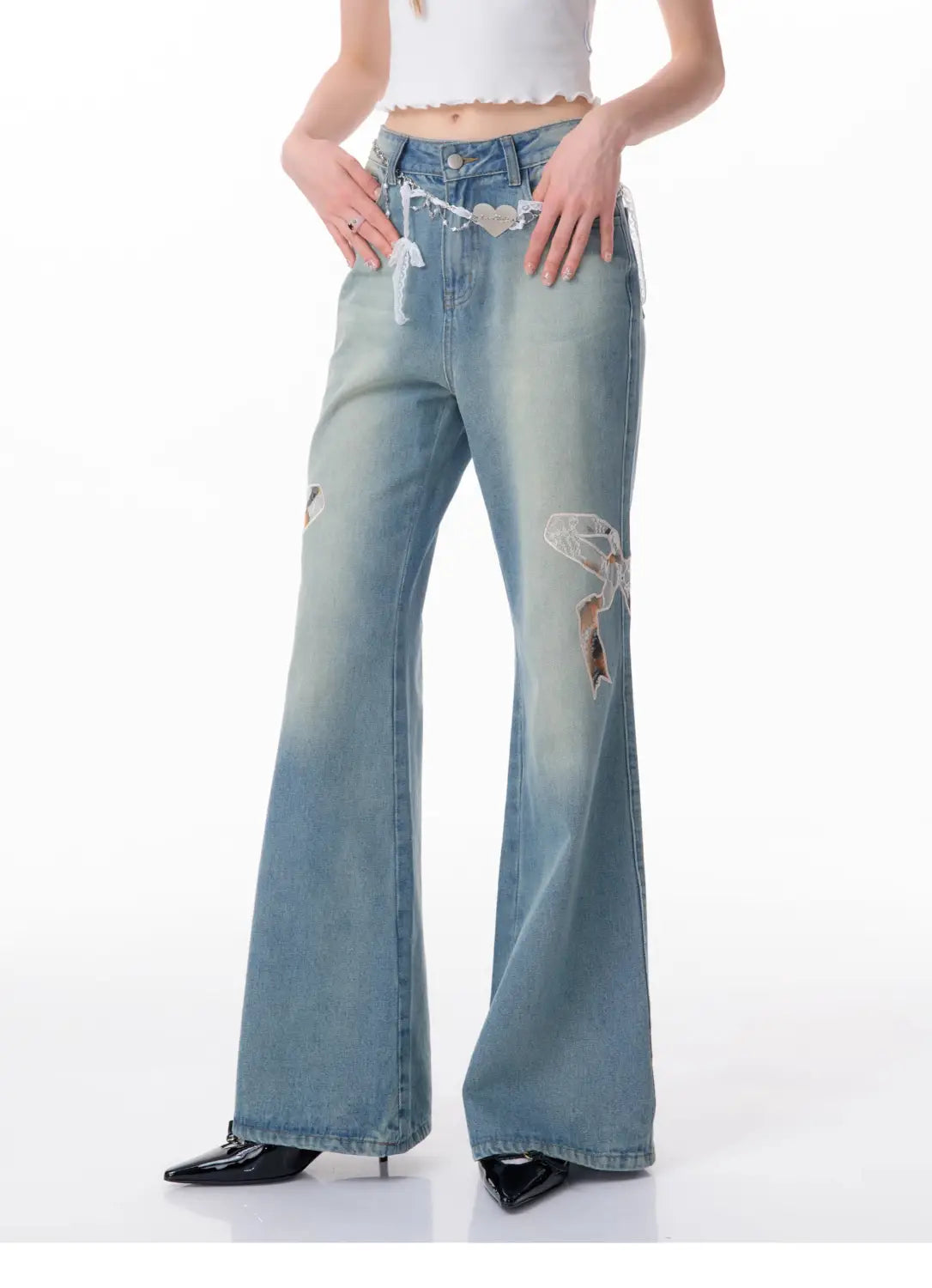 High Waist Bow Patch Wide Leg Straight Jeans
