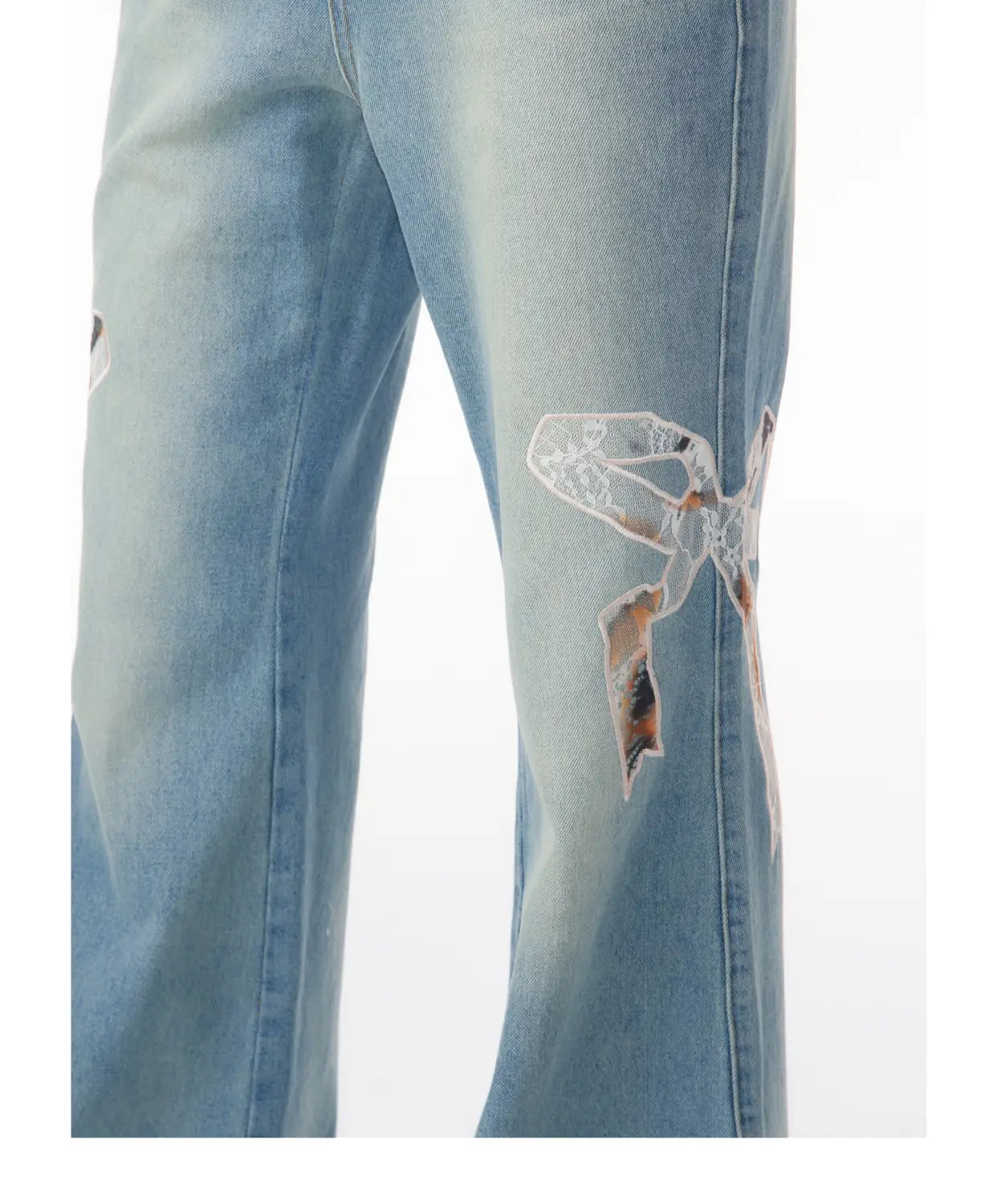 High Waist Bow Patch Wide Leg Straight Jeans