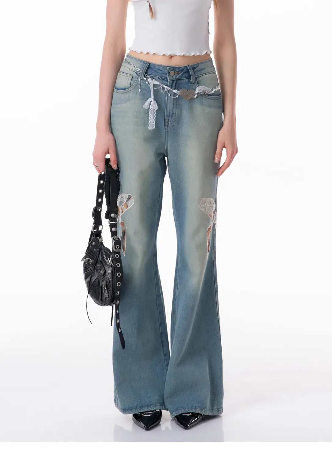 High Waist Bow Patch Wide Leg Straight Jeans