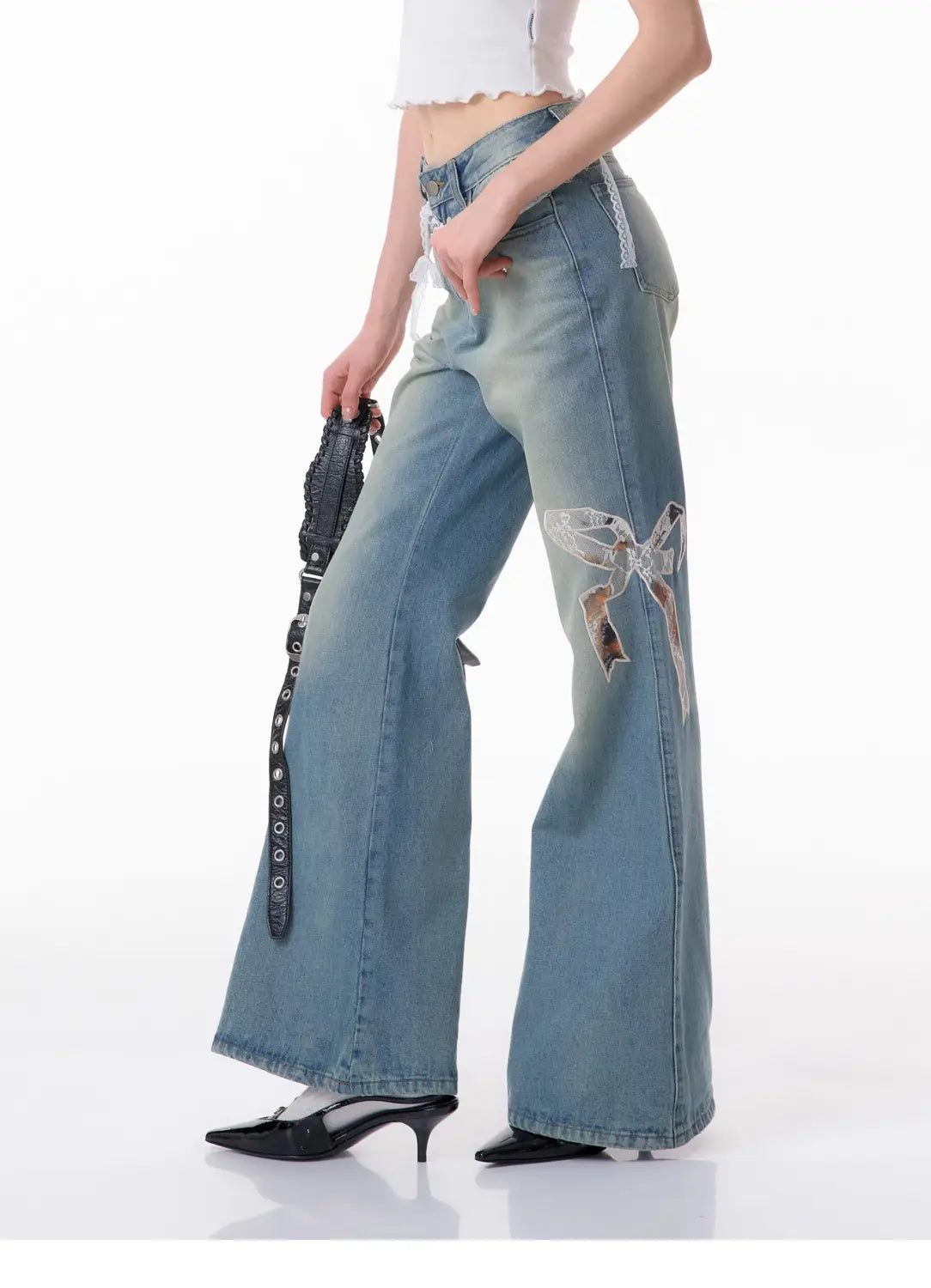 High Waist Bow Patch Wide Leg Straight Jeans