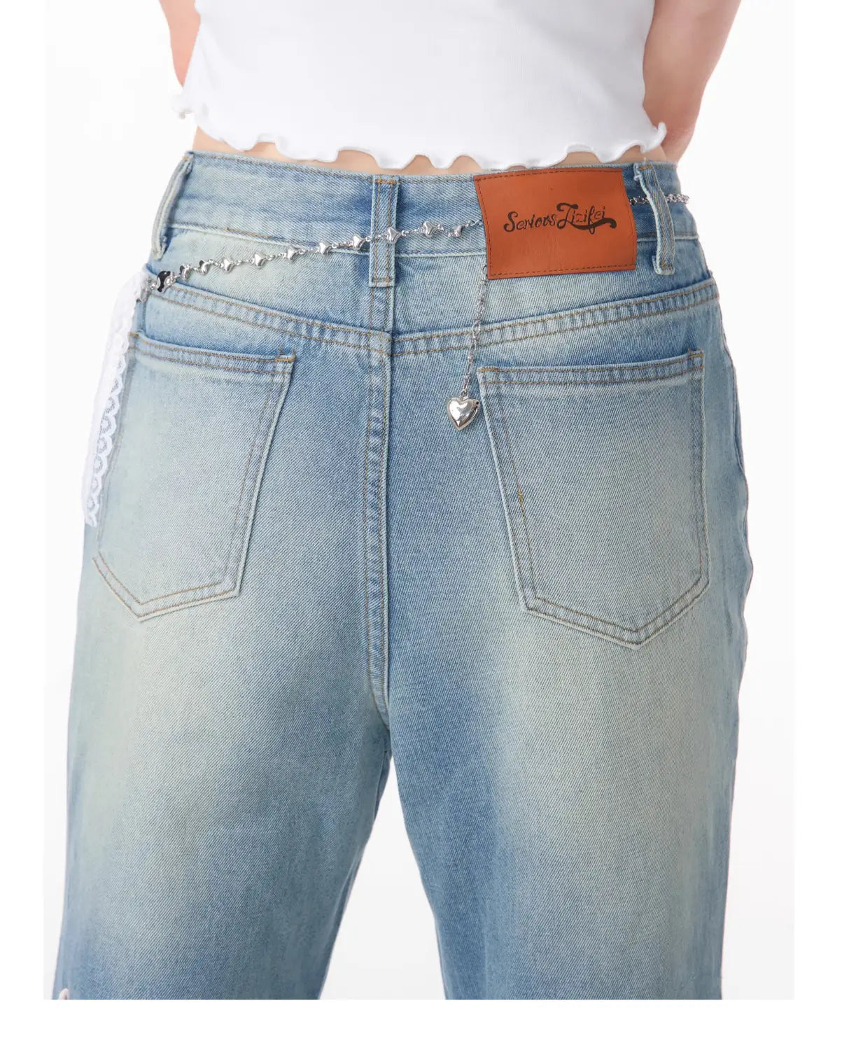 High Waist Bow Patch Wide Leg Straight Jeans