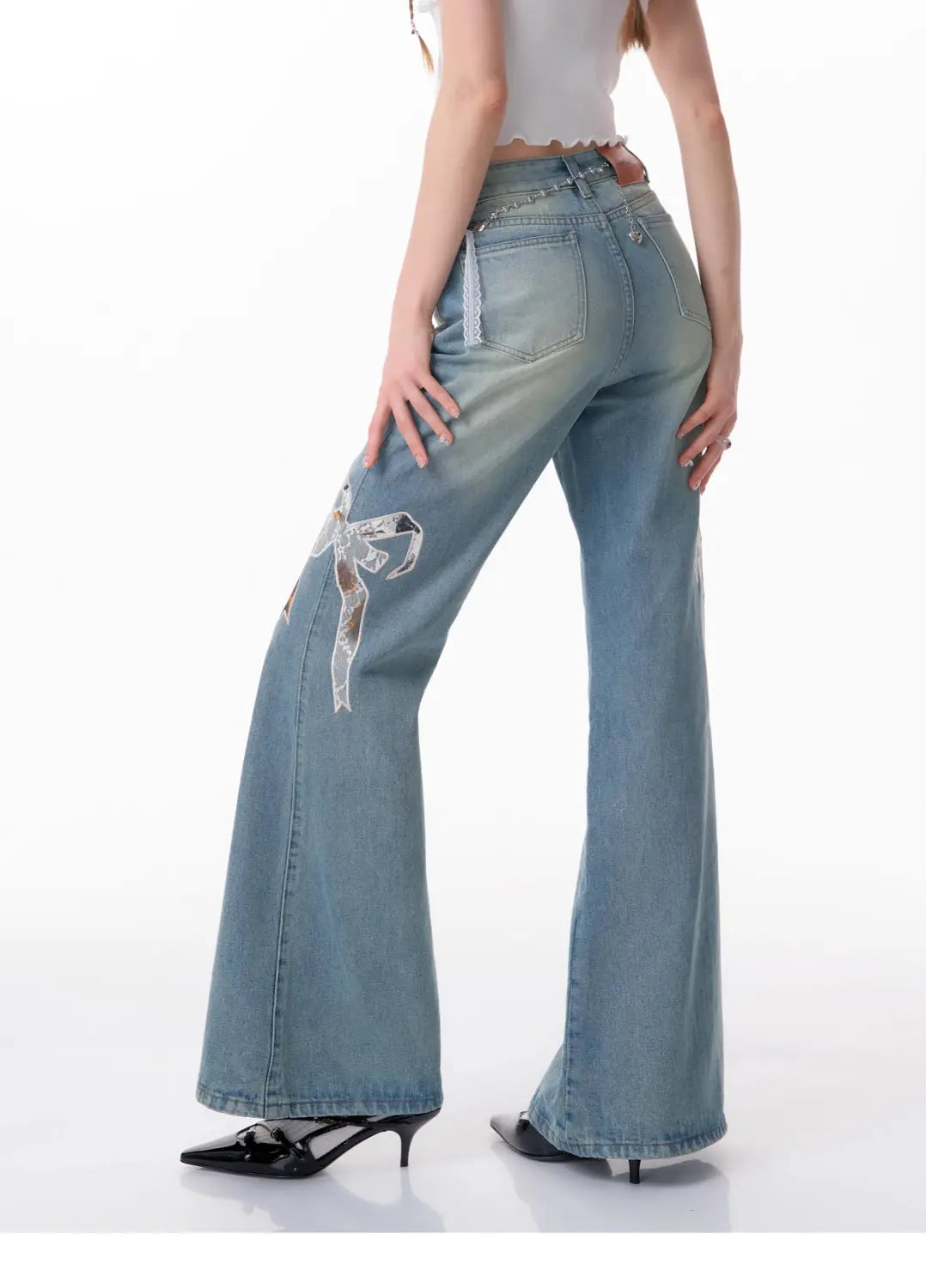 High Waist Bow Patch Wide Leg Straight Jeans
