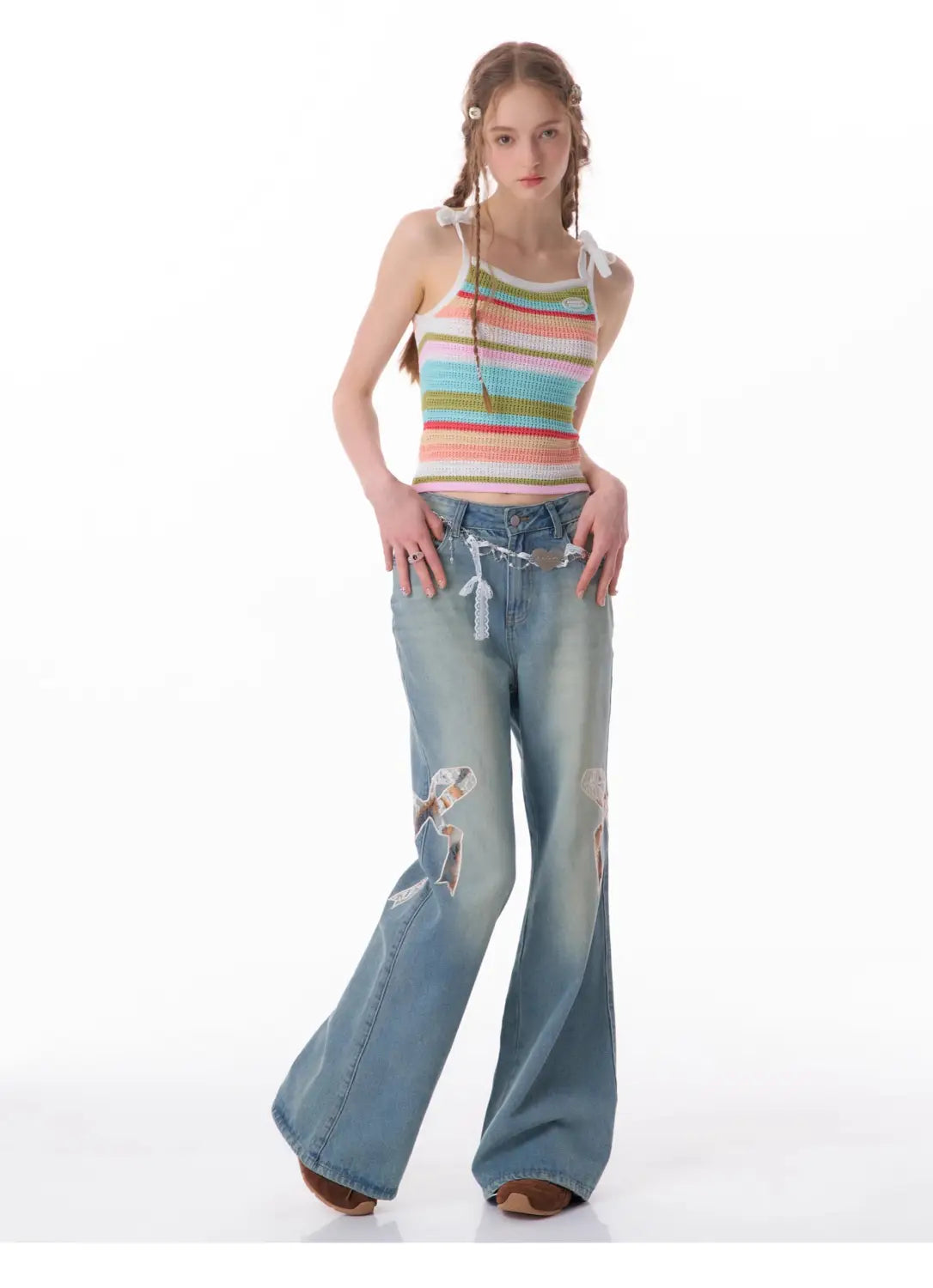 High Waist Bow Patch Wide Leg Straight Jeans