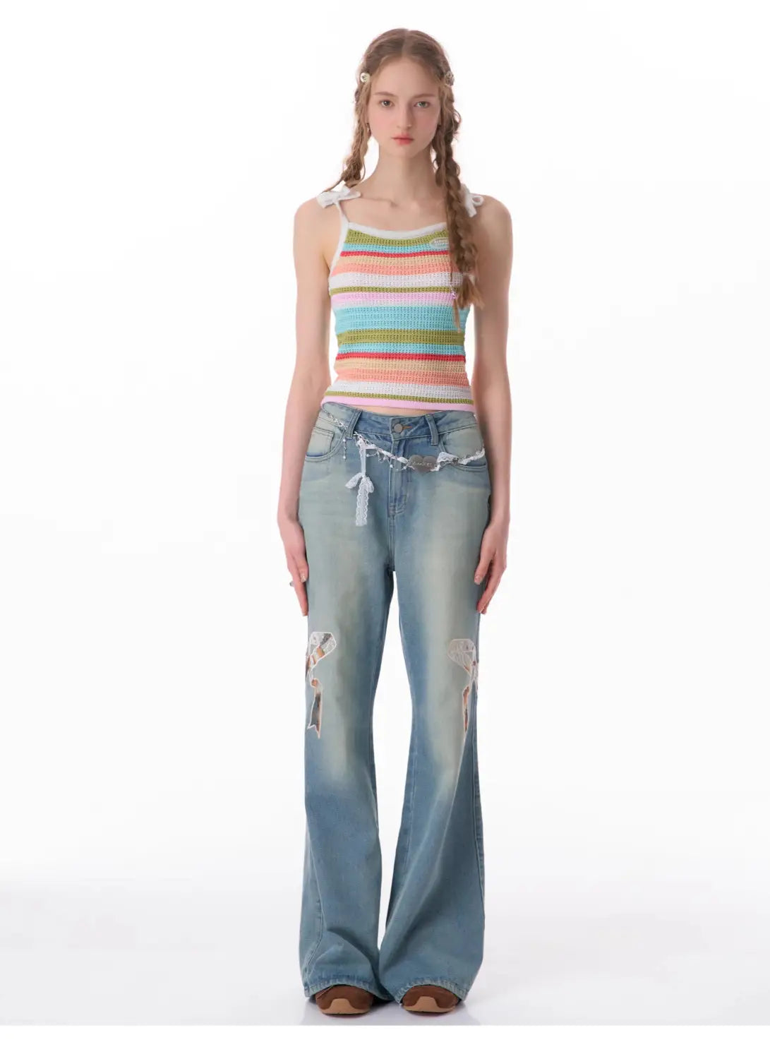 High Waist Bow Patch Wide Leg Straight Jeans