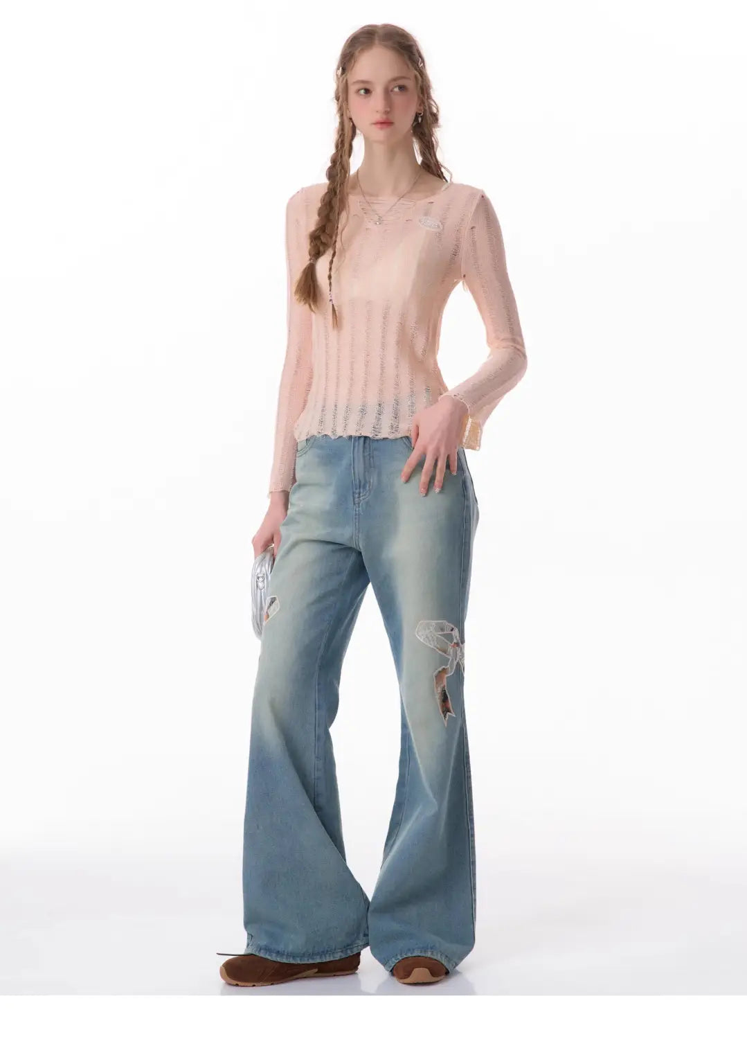 High Waist Bow Patch Wide Leg Straight Jeans