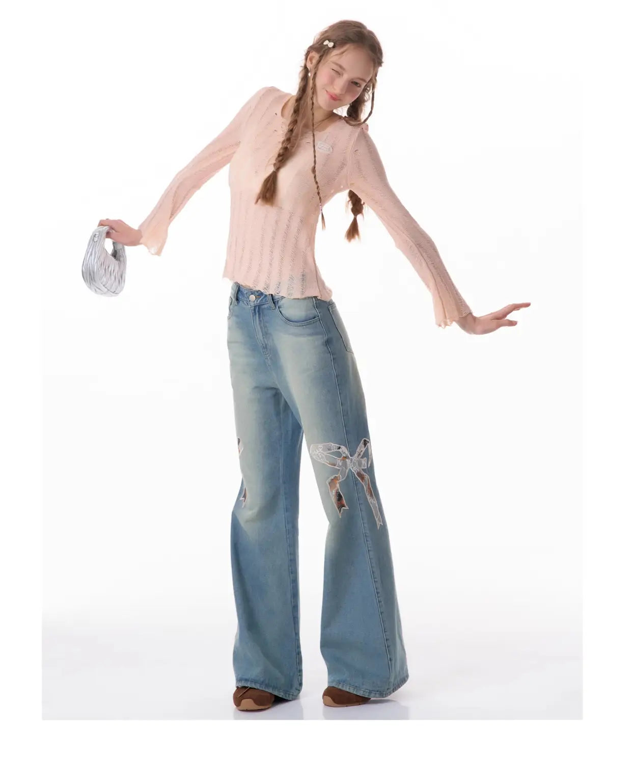 High Waist Bow Patch Wide Leg Straight Jeans