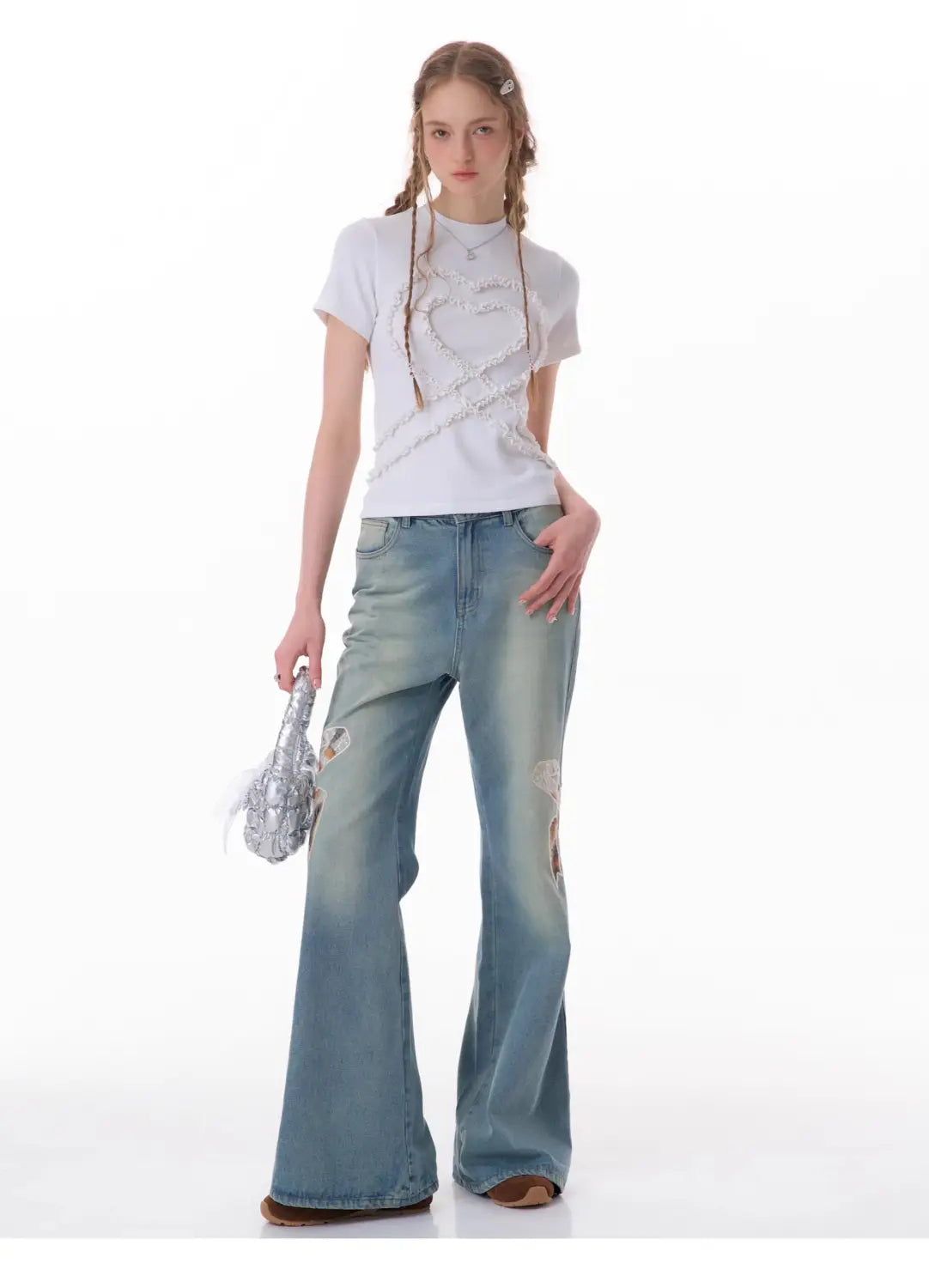 High Waist Bow Patch Wide Leg Straight Jeans