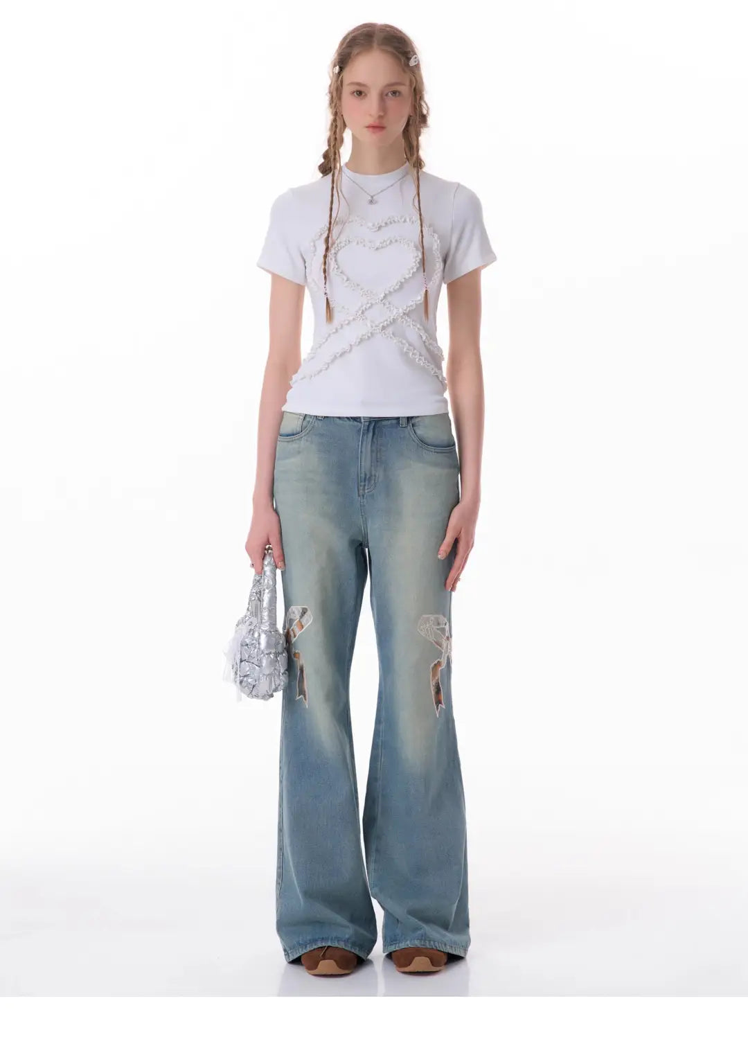 High Waist Bow Patch Wide Leg Straight Jeans