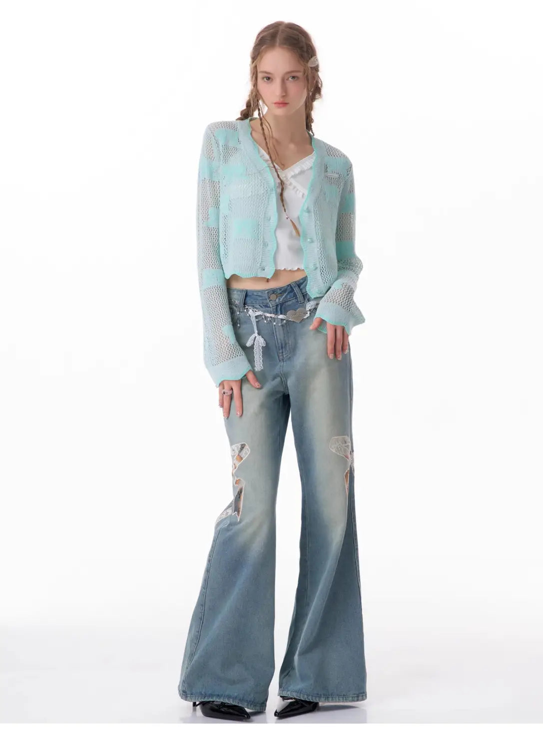 High Waist Bow Patch Wide Leg Straight Jeans