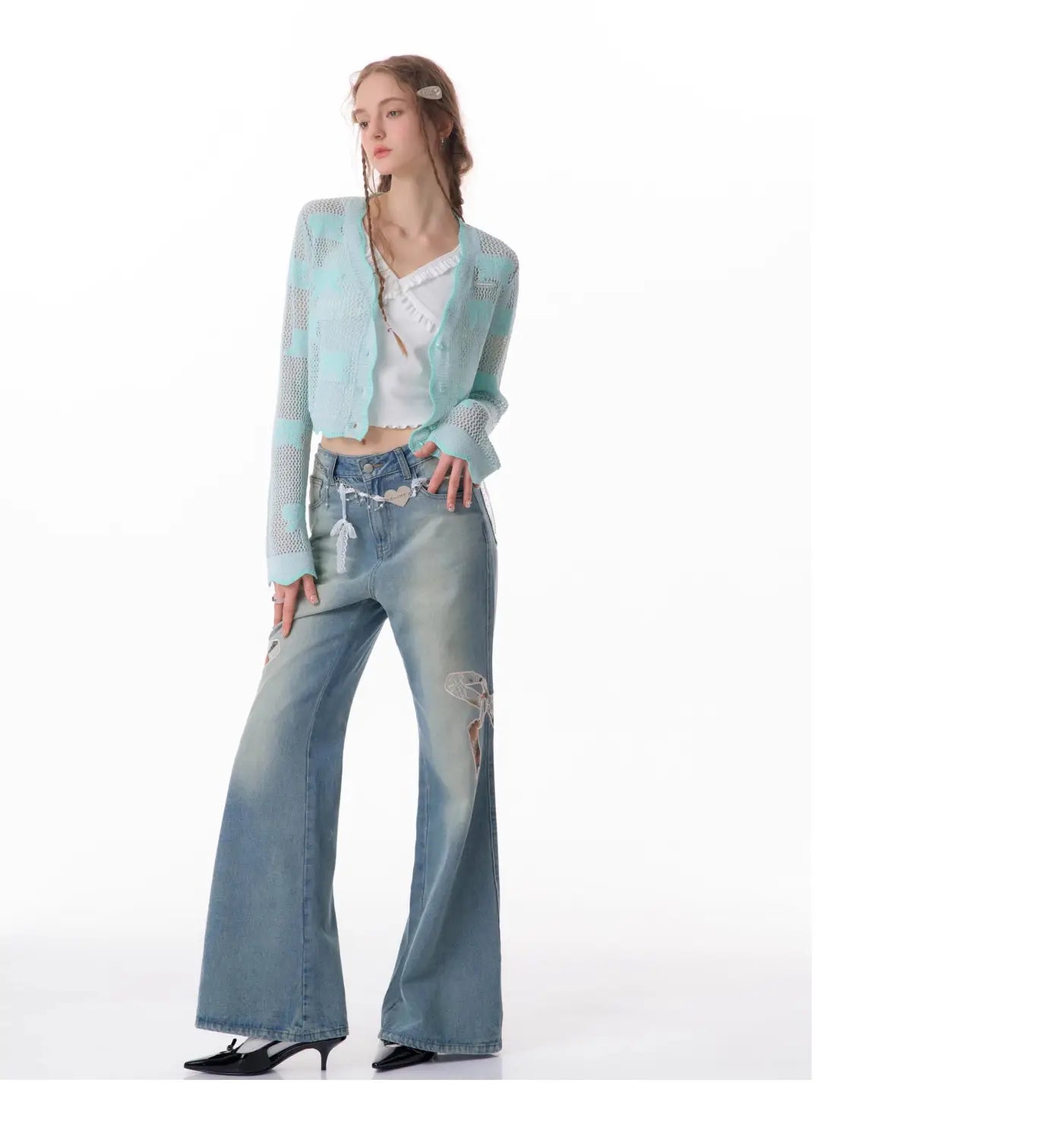 High Waist Bow Patch Wide Leg Straight Jeans