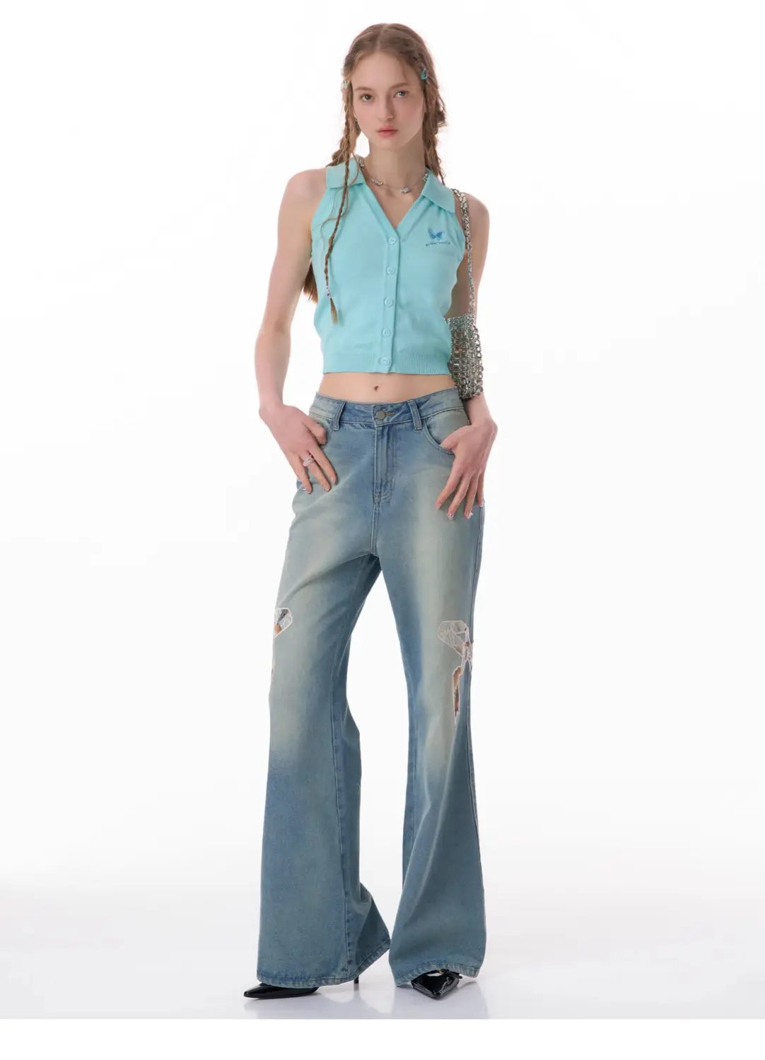 High Waist Bow Patch Wide Leg Straight Jeans