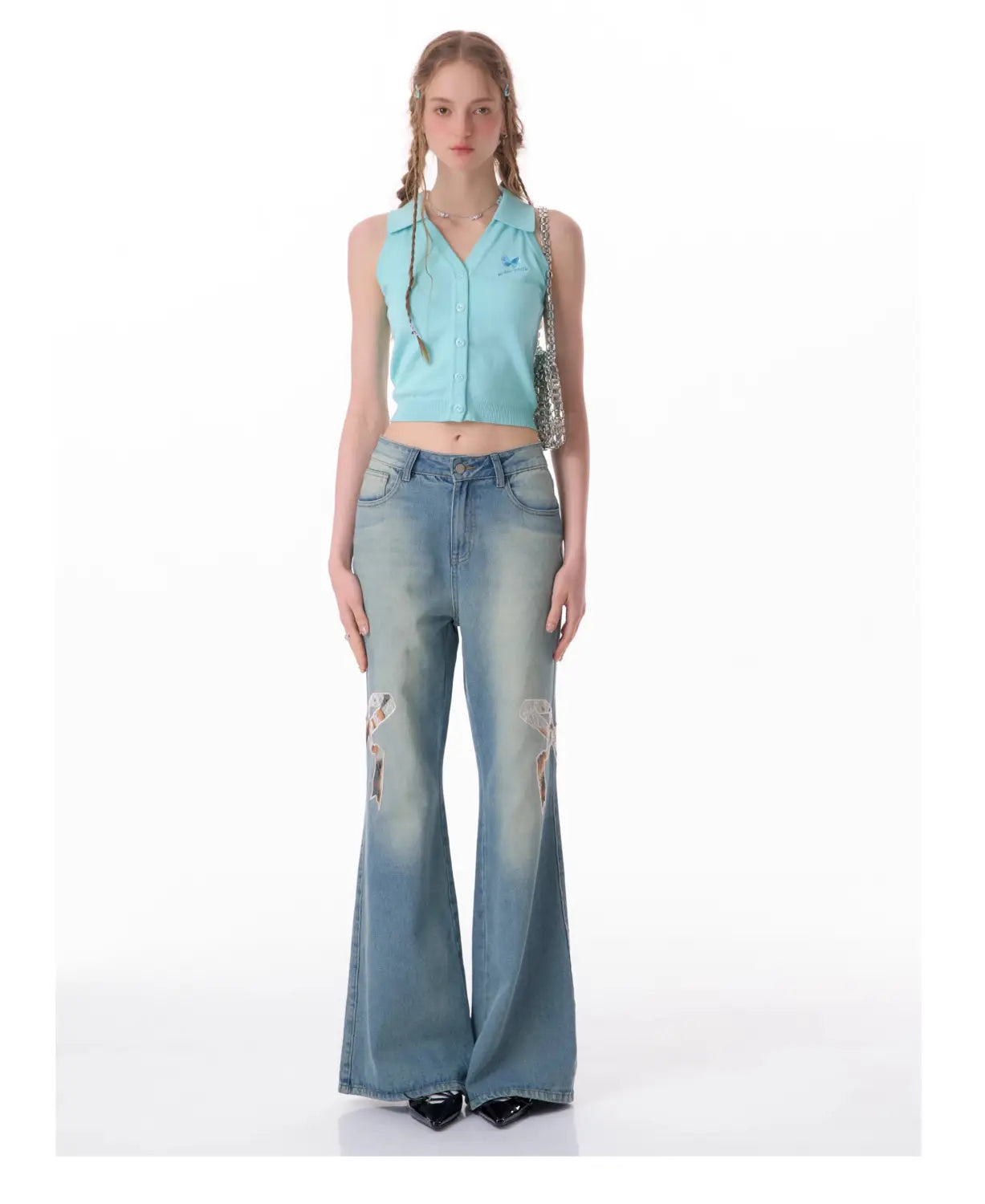 High Waist Bow Patch Wide Leg Straight Jeans
