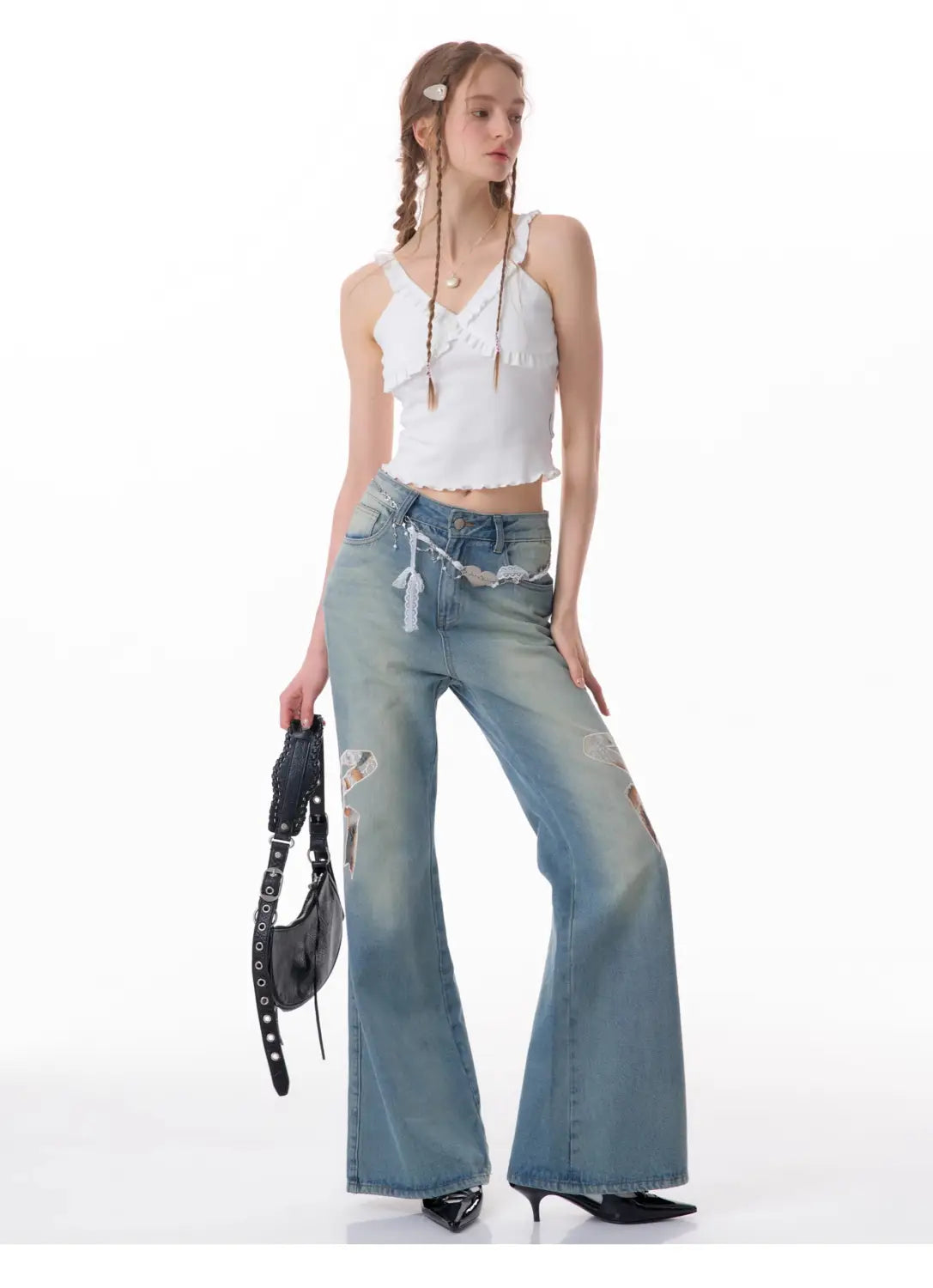 High Waist Bow Patch Wide Leg Straight Jeans