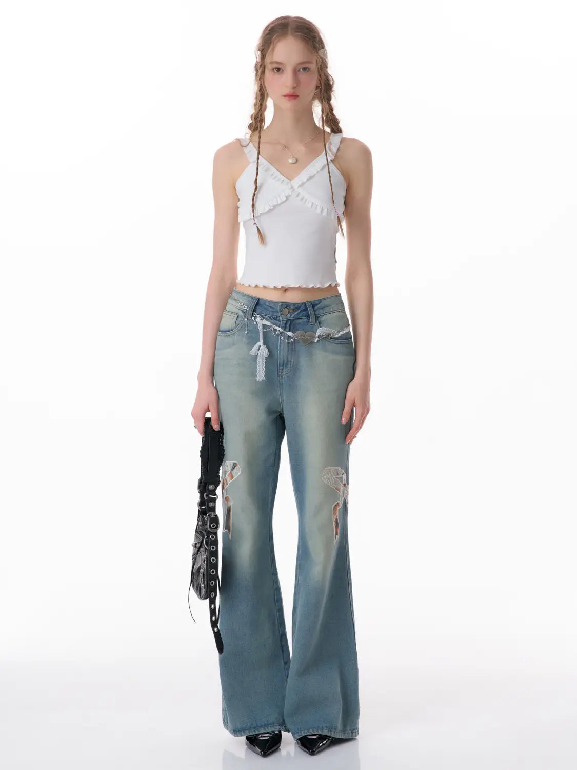 High Waist Bow Patch Wide Leg Straight Jeans