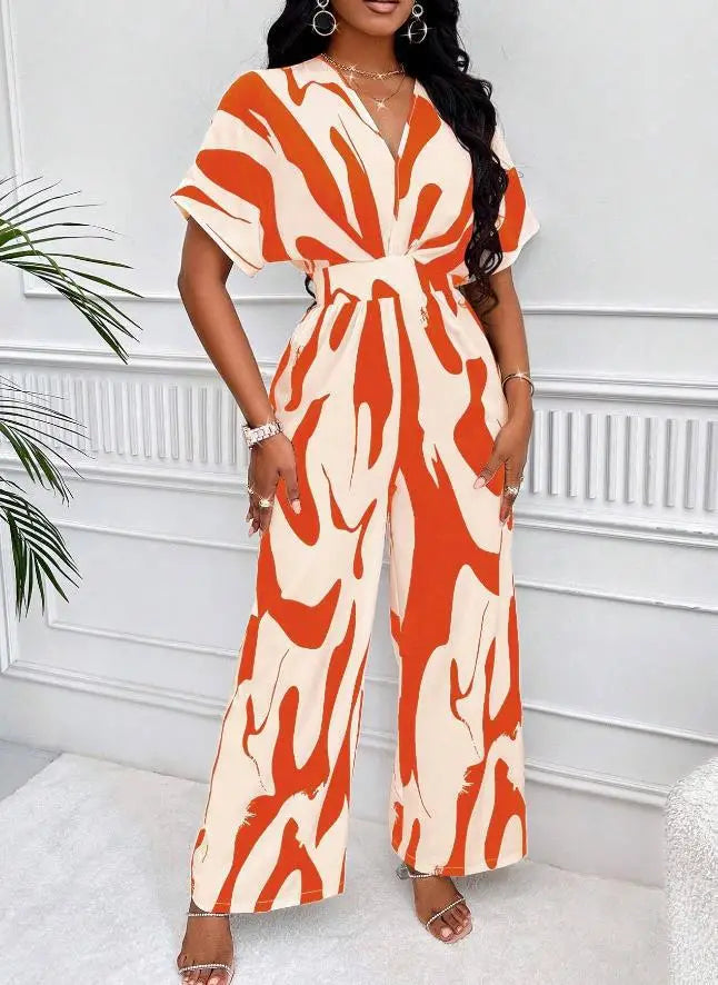 V-neck Loose Printed Long Jumpsuit