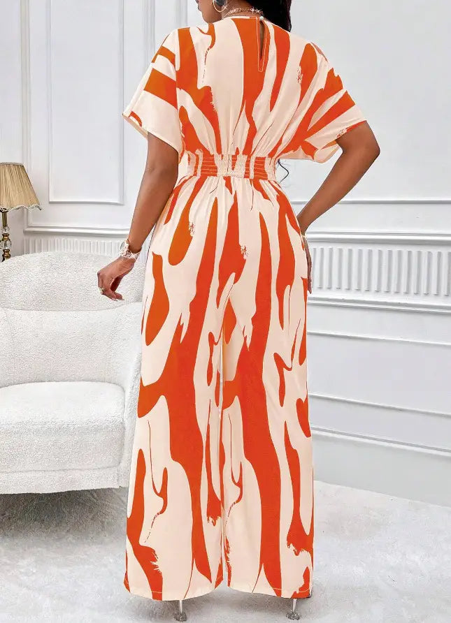 V-neck Loose Printed Long Jumpsuit