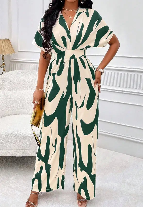 V-neck Loose Printed Long Jumpsuit