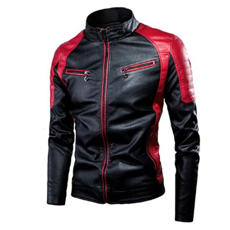 Motorcycle Stitching Leather Jacket Men Stand Collar Retro
