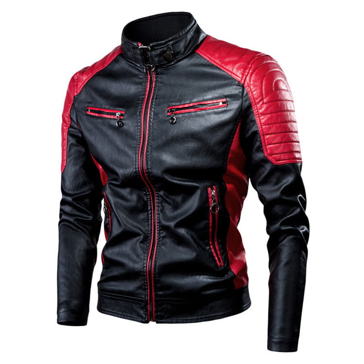 Motorcycle Stitching Leather Jacket Men Stand Collar Retro