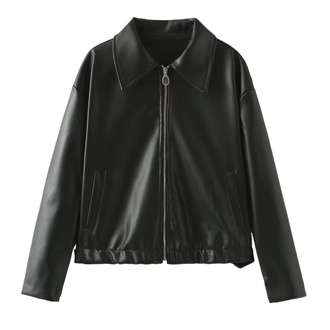 Solid Color Square Collar Leather Jacket Coat