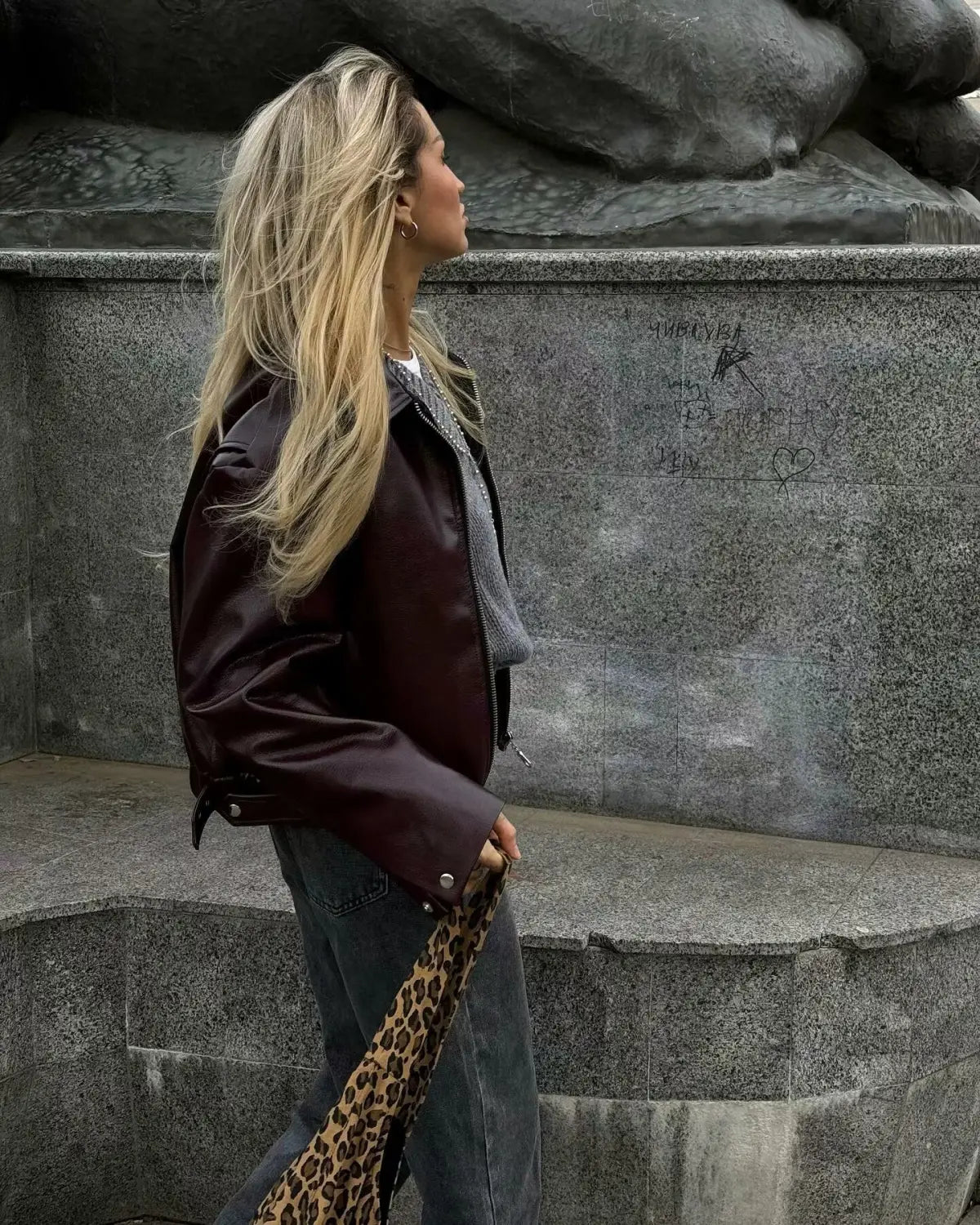Solid Color Square Collar Leather Jacket Coat