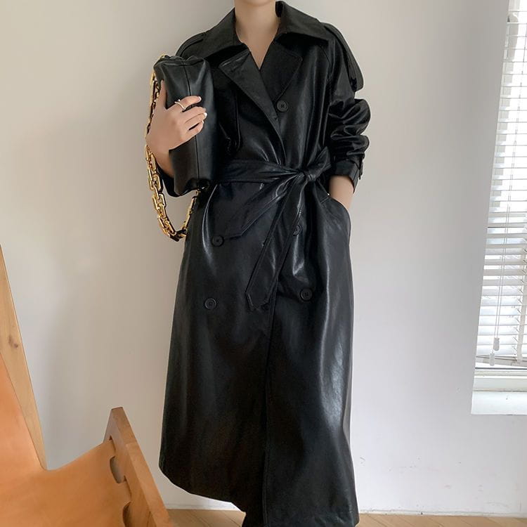 Retro Women’s Mid-length Waist Slimming Pu Coat
