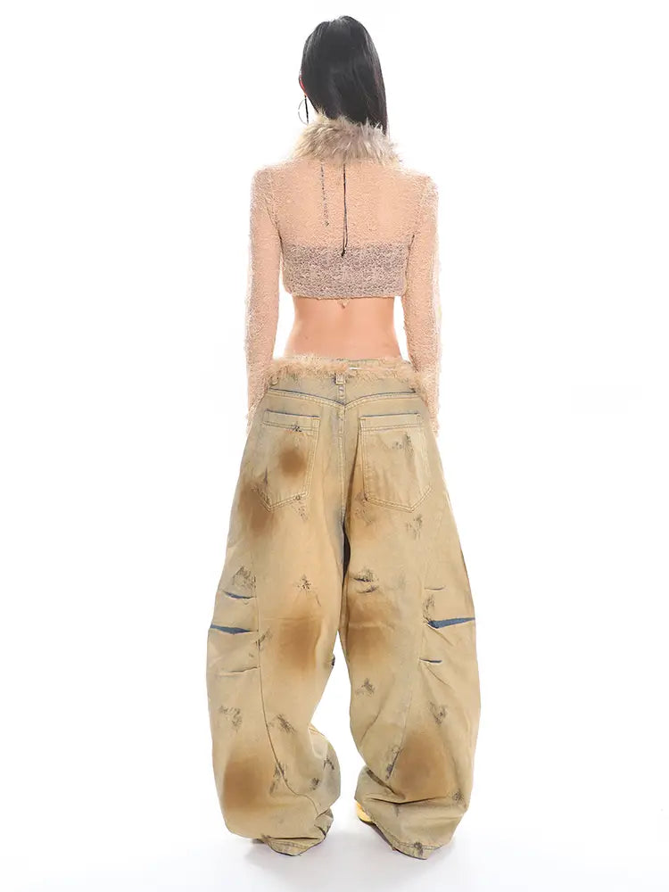 Washed Old Blooming Retro Machete Profile Loose Jeans