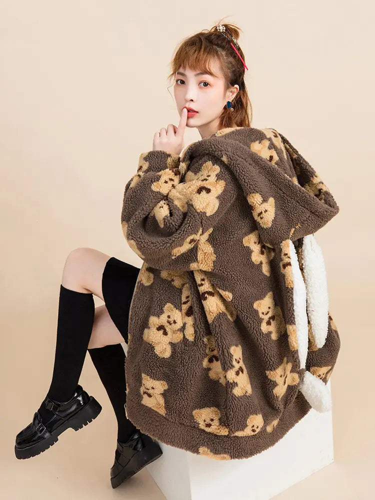 Bear print padded lamb wool coat