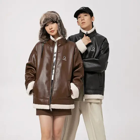 Lambswool PU Leather Thickened Warm Cotton Jacket