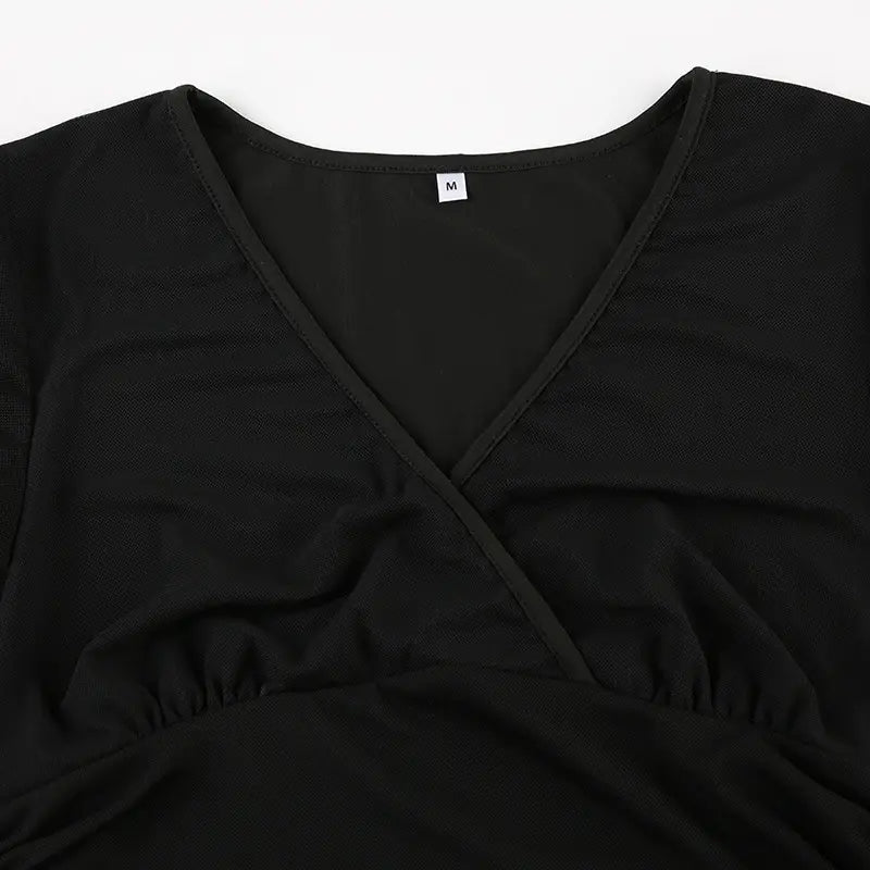 Deep V Design Small Pleated Pure Color Mesh Stitching Short Sleeve