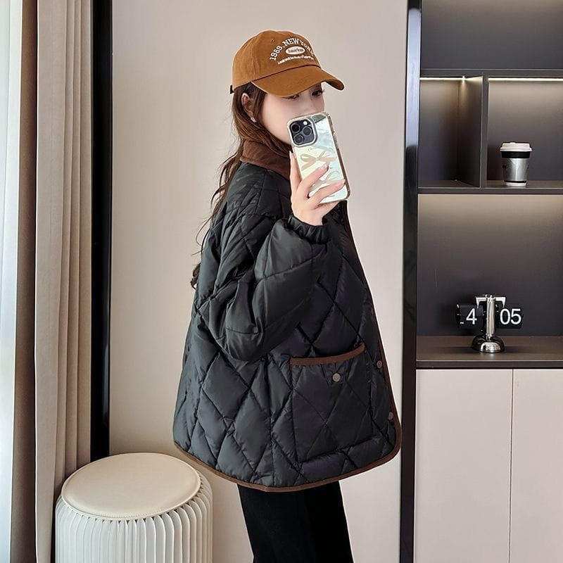 Classic Rhombus Cotton-padded Clothes Disposable PU Leather Loose Contrast Color And Versatile