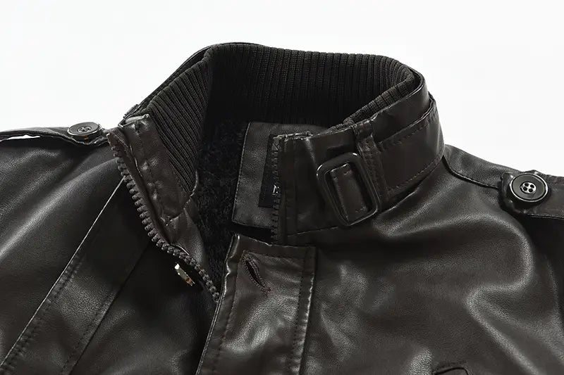 Men’s Mid-length Leather Coat Stand Collar Fleece-lined Thickened