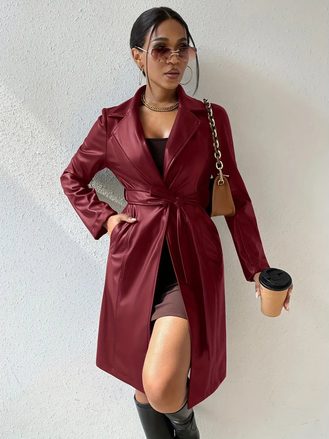PU Long Sleeve Women’s Slim Fit Long Trench Coat