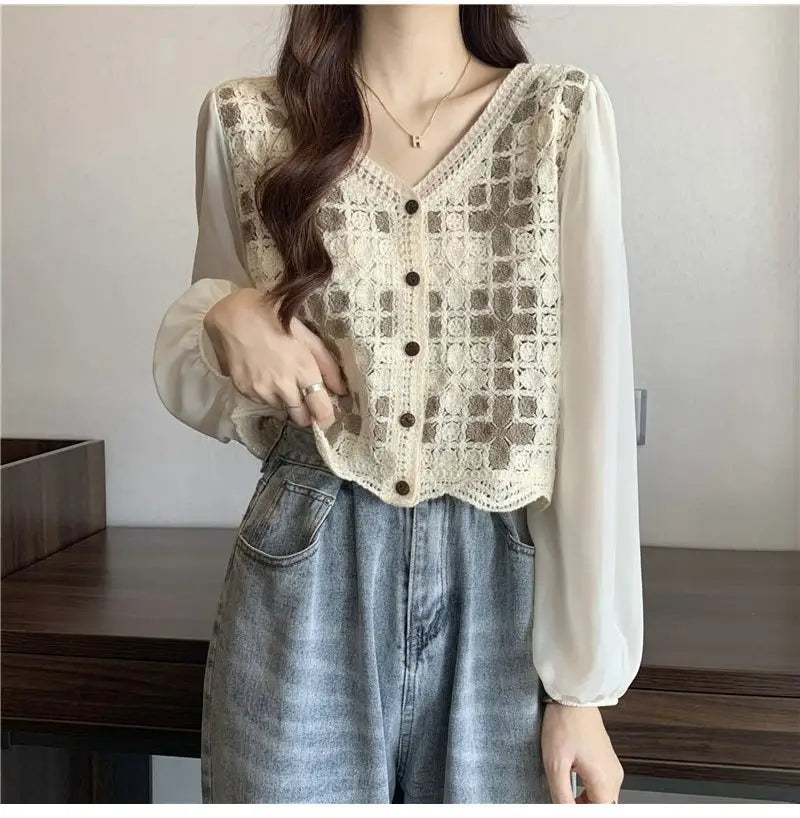 Hollow Lace Shirt Spring Fashion Long Sleeve Stitching