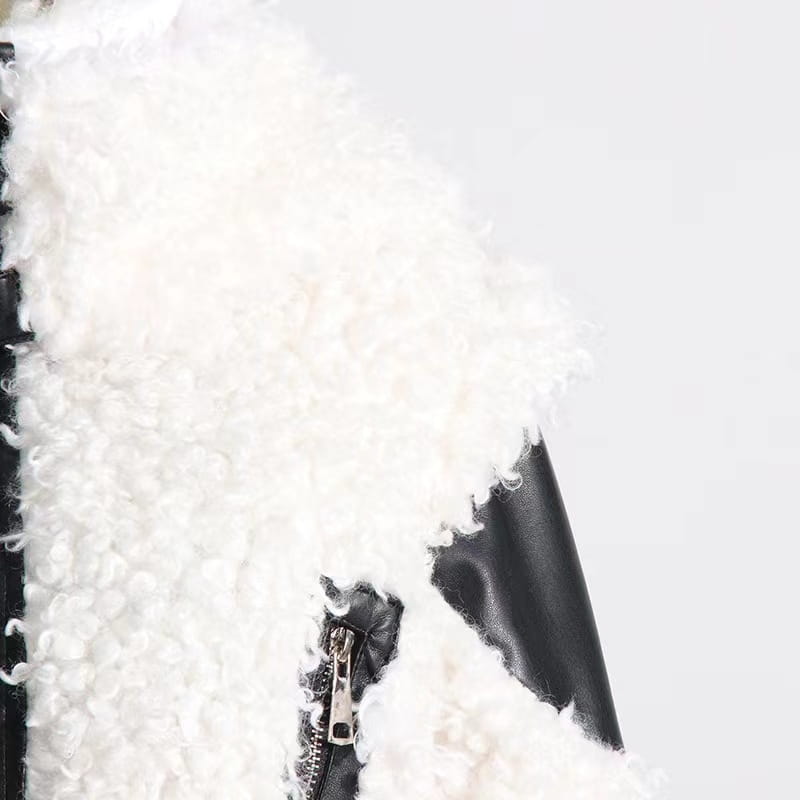 Women’s Lamb Wool Stitching PU Leather Zipper Jacket