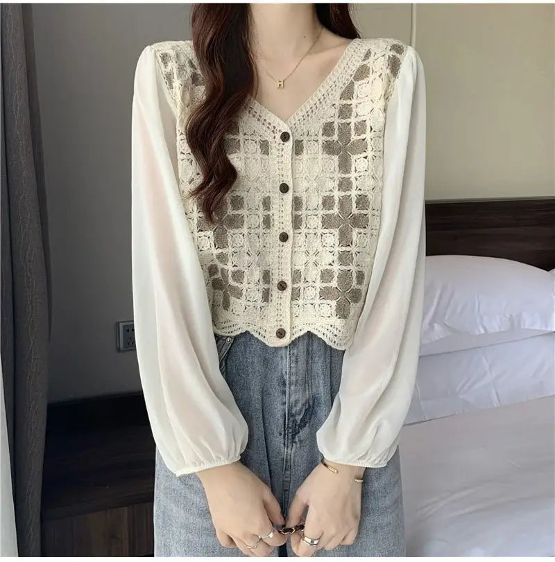 Hollow Lace Shirt Spring Fashion Long Sleeve Stitching
