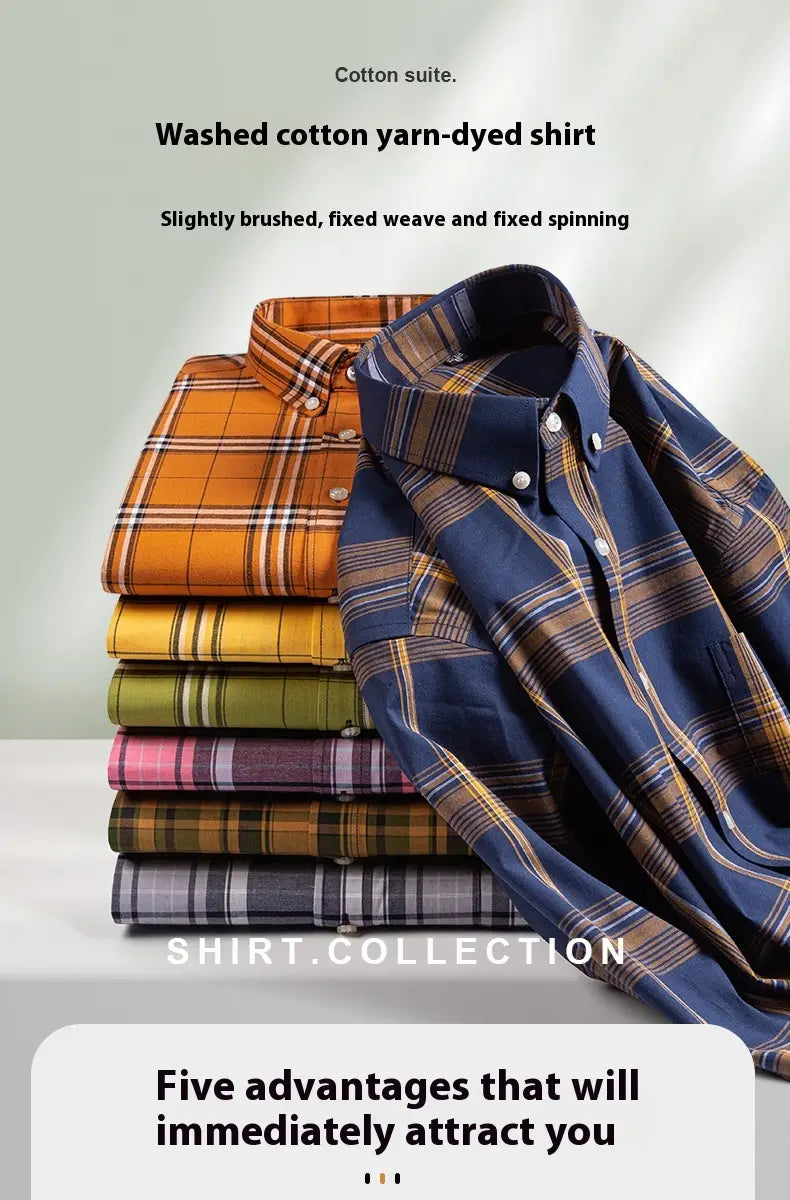 Men’s Xinjiang Cotton Plaid Buckle Collar Casual Cardigan Shirt