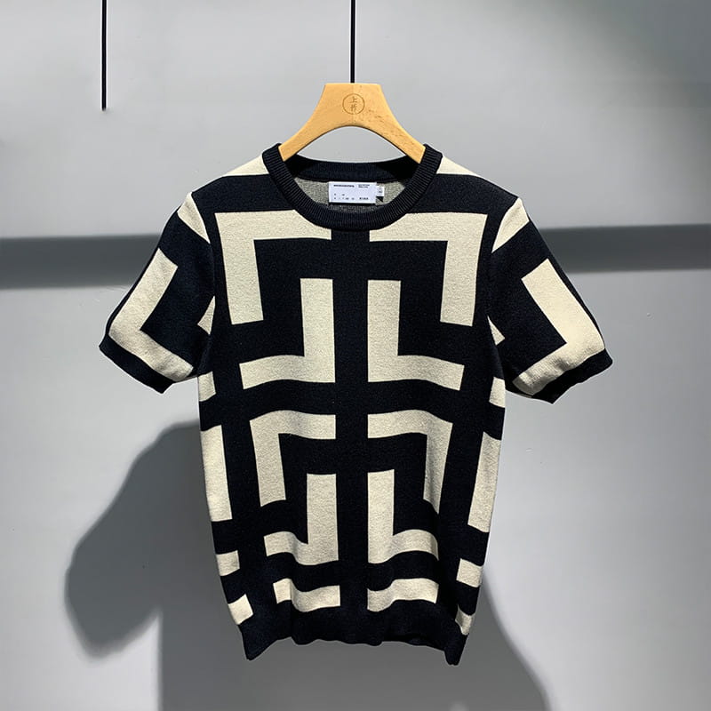 Men’s New Fashion Versatile Geometric Jacquard Sweater Half Sleeve Round Neck