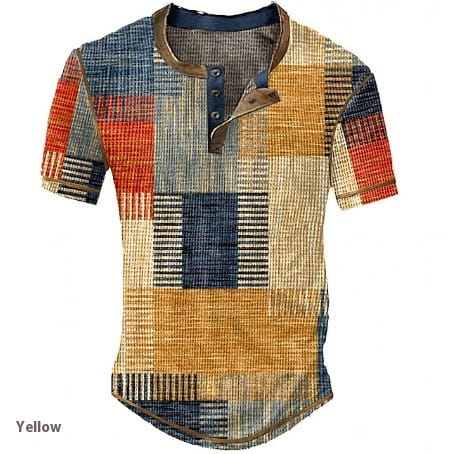 Men’s Clothing Graphic Plaid Color Block Printed Men’s Waffle Henley Shirt Short Sleeve